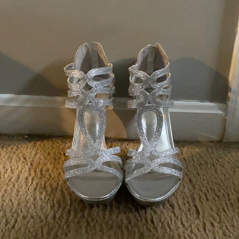 Brash Open Toe Silver Glitter Heels